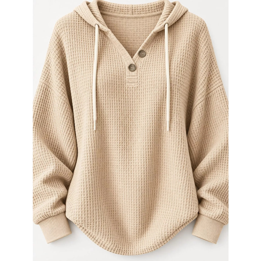 Full Size Waffle Knit Button Detail Hoodie Plus Apparel and Accessories