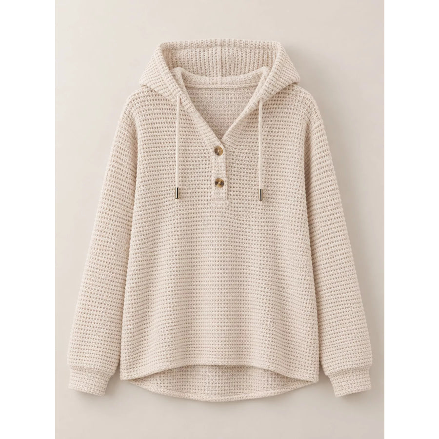 Full Size Waffle Knit Button Detail Hoodie Plus Apparel and Accessories