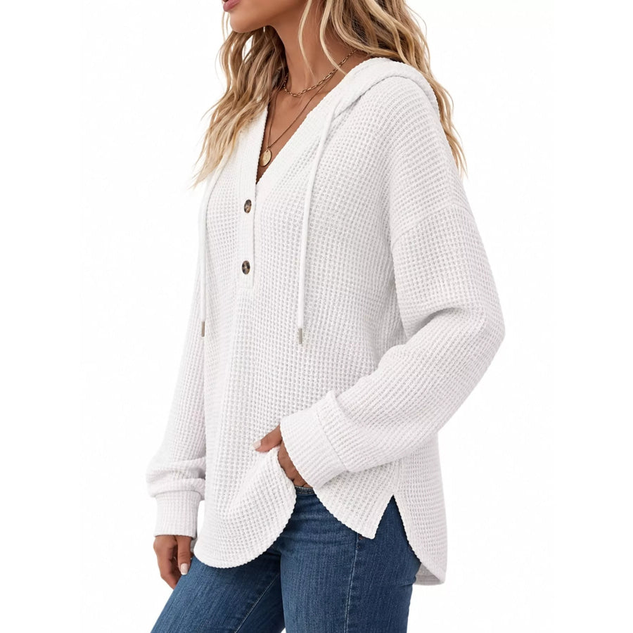 Full Size Waffle Knit Button Detail Hoodie Plus Apparel and Accessories