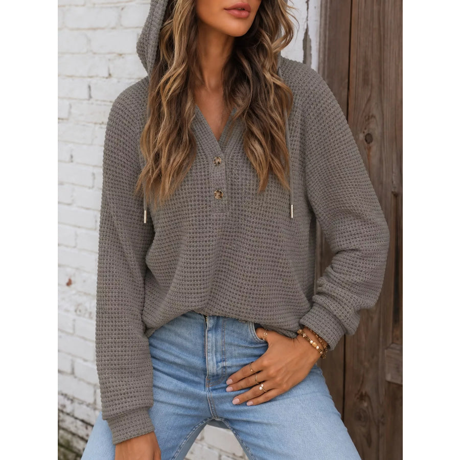 Full Size Waffle Knit Button Detail Hoodie Plus Apparel and Accessories