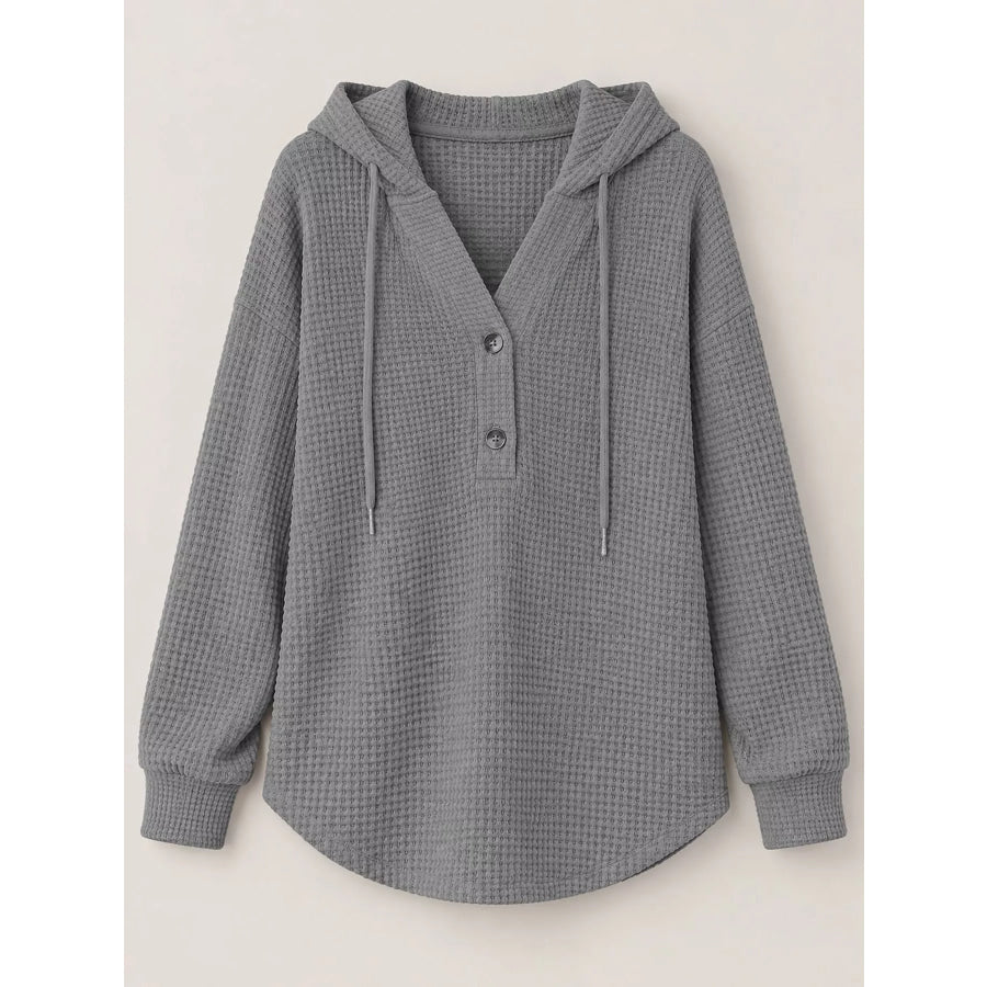 Full Size Waffle Knit Button Detail Hoodie Plus Apparel and Accessories