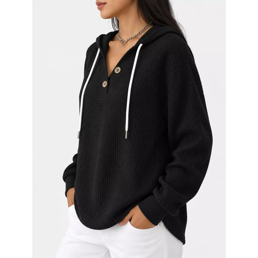 Full Size Waffle Knit Button Detail Hoodie Plus Apparel and Accessories