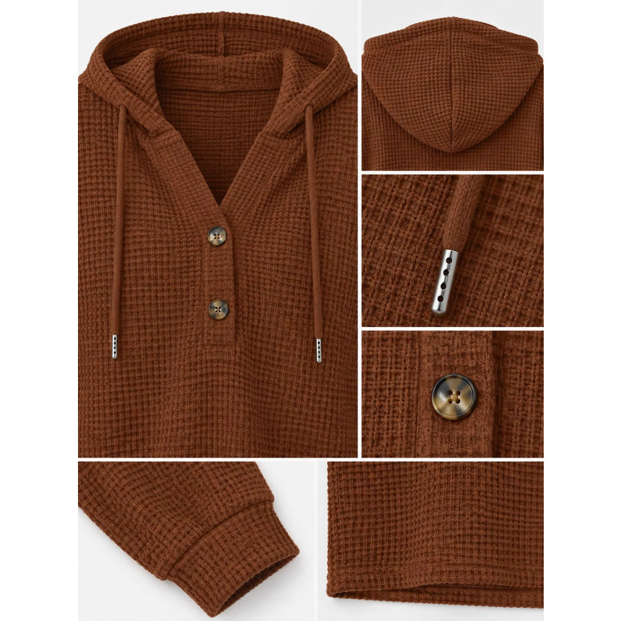 Full Size Waffle Knit Button Detail Hoodie Plus Apparel and Accessories