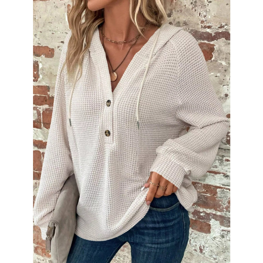Full Size Waffle Knit Button Detail Hoodie Plus Apparel and Accessories