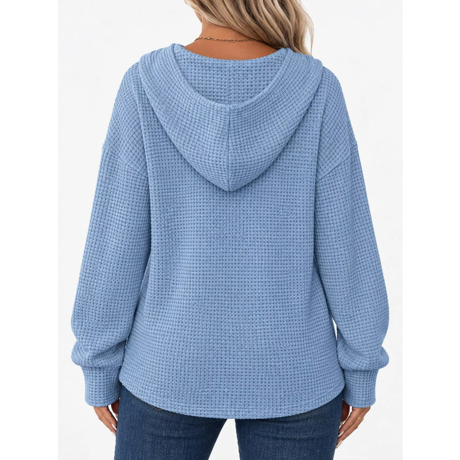Full Size Waffle Knit Button Detail Hoodie Plus Apparel and Accessories