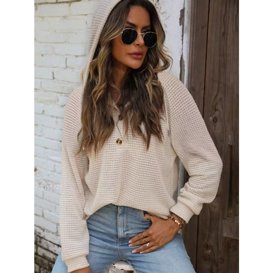 Full Size Waffle Knit Button Detail Hoodie Plus Apricot / S Apparel and Accessories