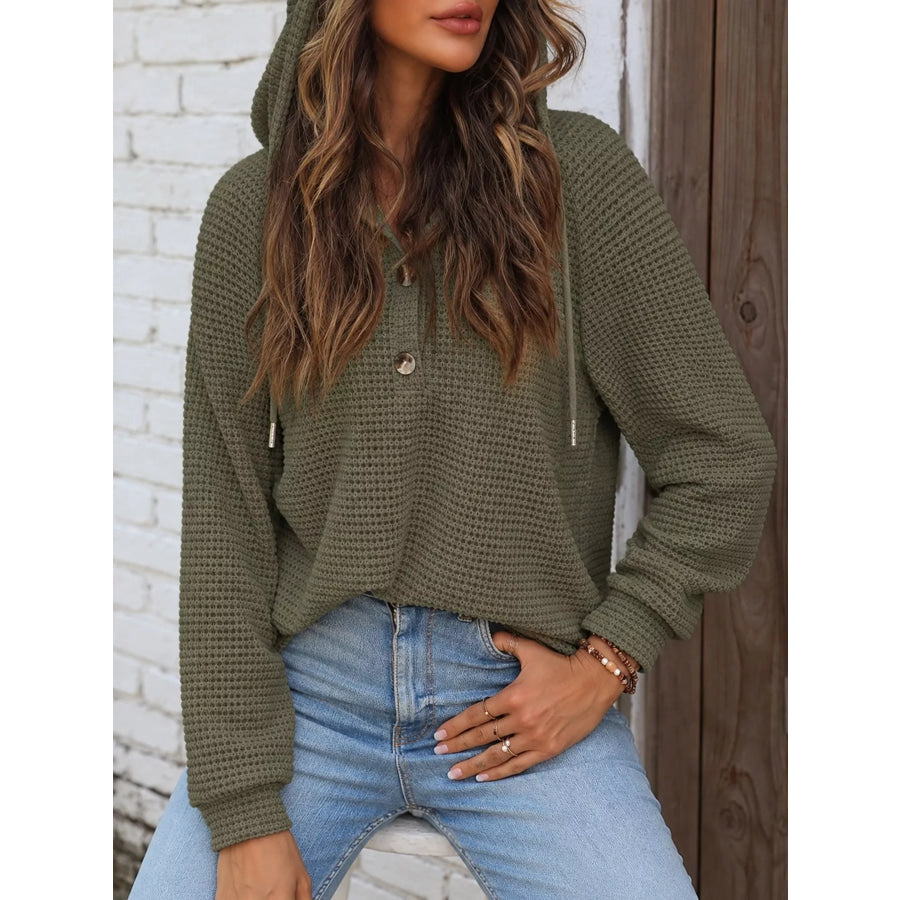 Full Size Waffle Knit Button Detail Hoodie Plus Army Green / S Apparel and Accessories