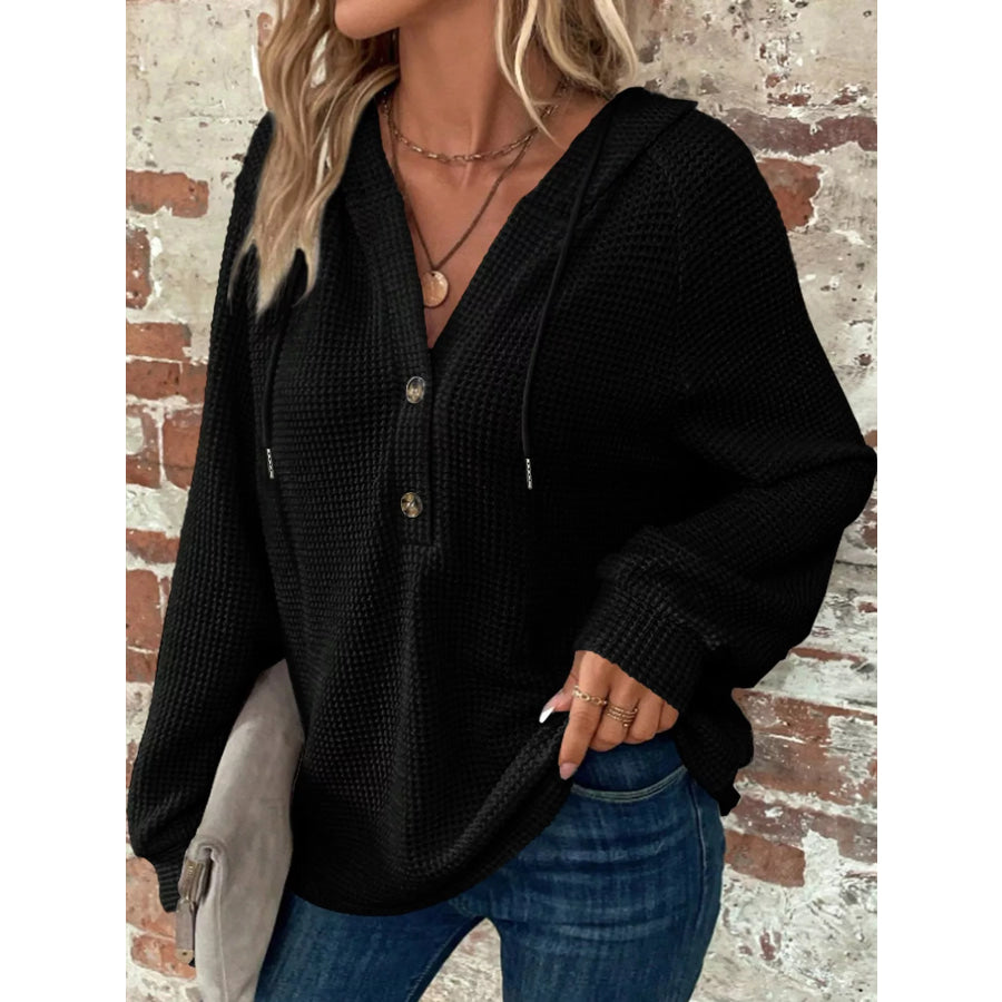 Full Size Waffle Knit Button Detail Hoodie Plus Black / S Apparel and Accessories