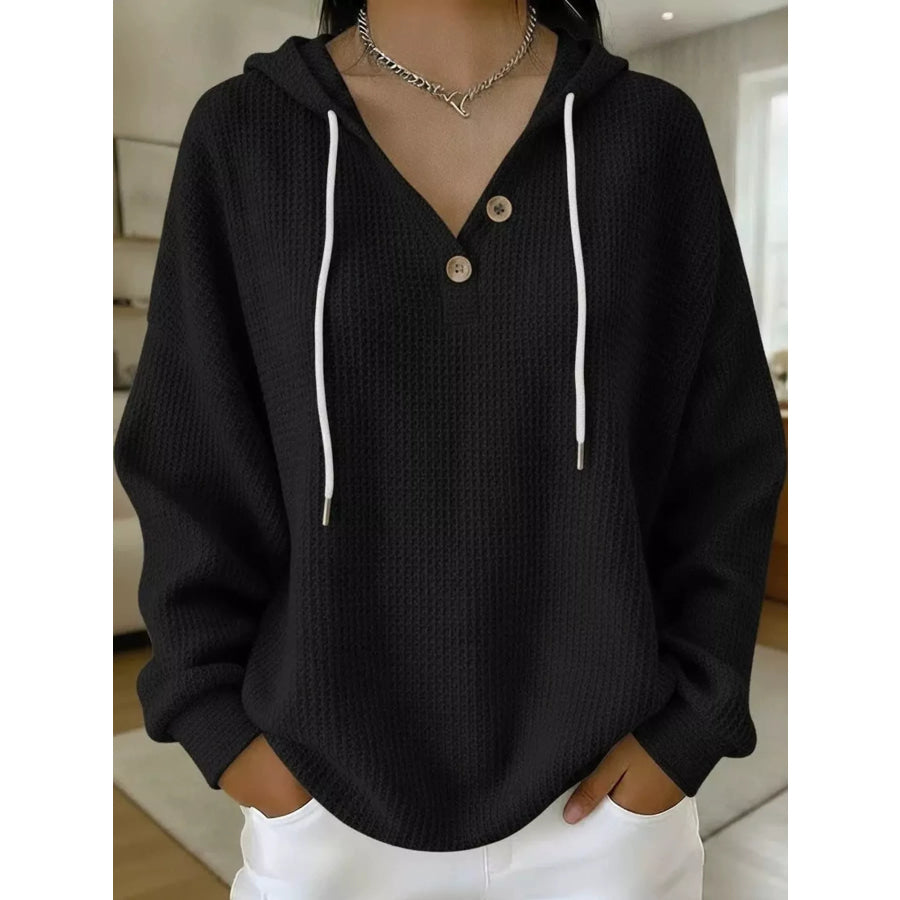 Full Size Waffle Knit Button Detail Hoodie Plus Black / S Apparel and Accessories