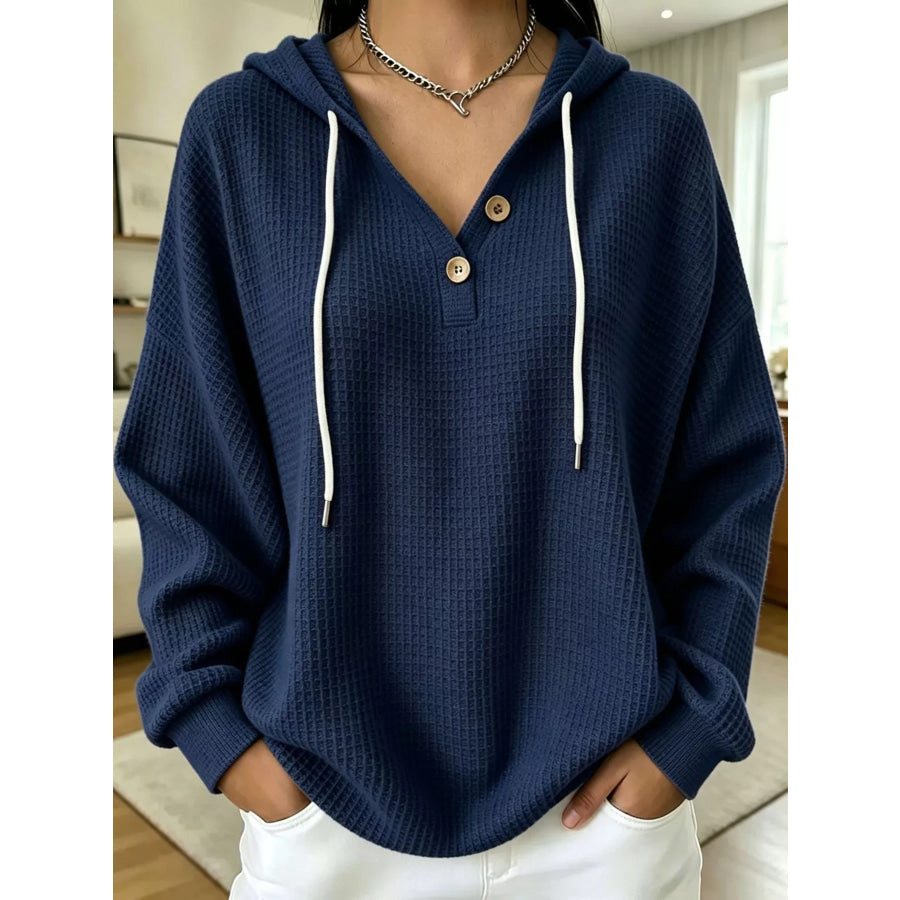 Full Size Waffle Knit Button Detail Hoodie Plus Dark Blue / S Apparel and Accessories