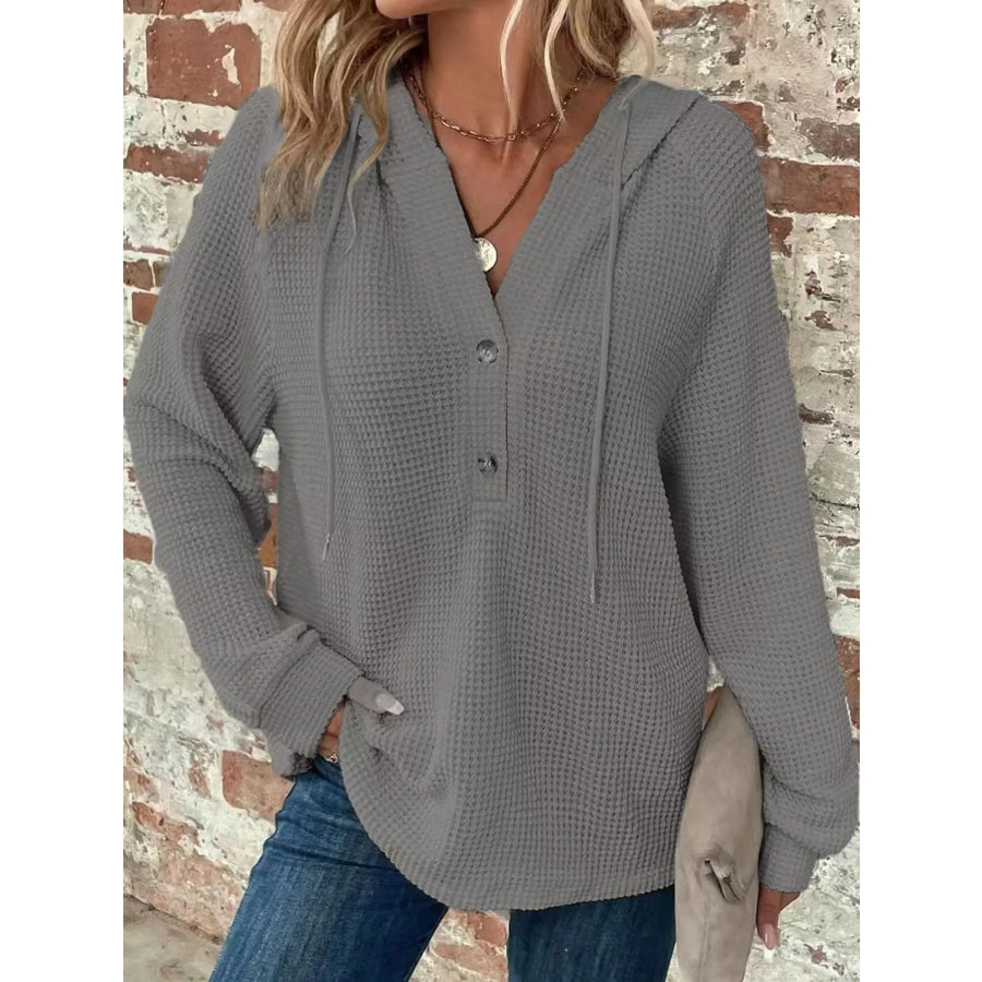 Full Size Waffle Knit Button Detail Hoodie Plus Gray / S Apparel and Accessories