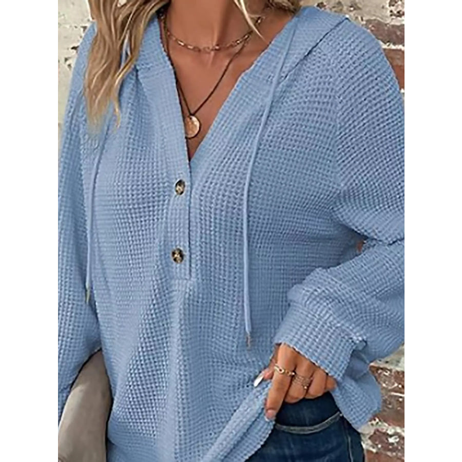Full Size Waffle Knit Button Detail Hoodie Plus Light Blue / 3XL Apparel and Accessories