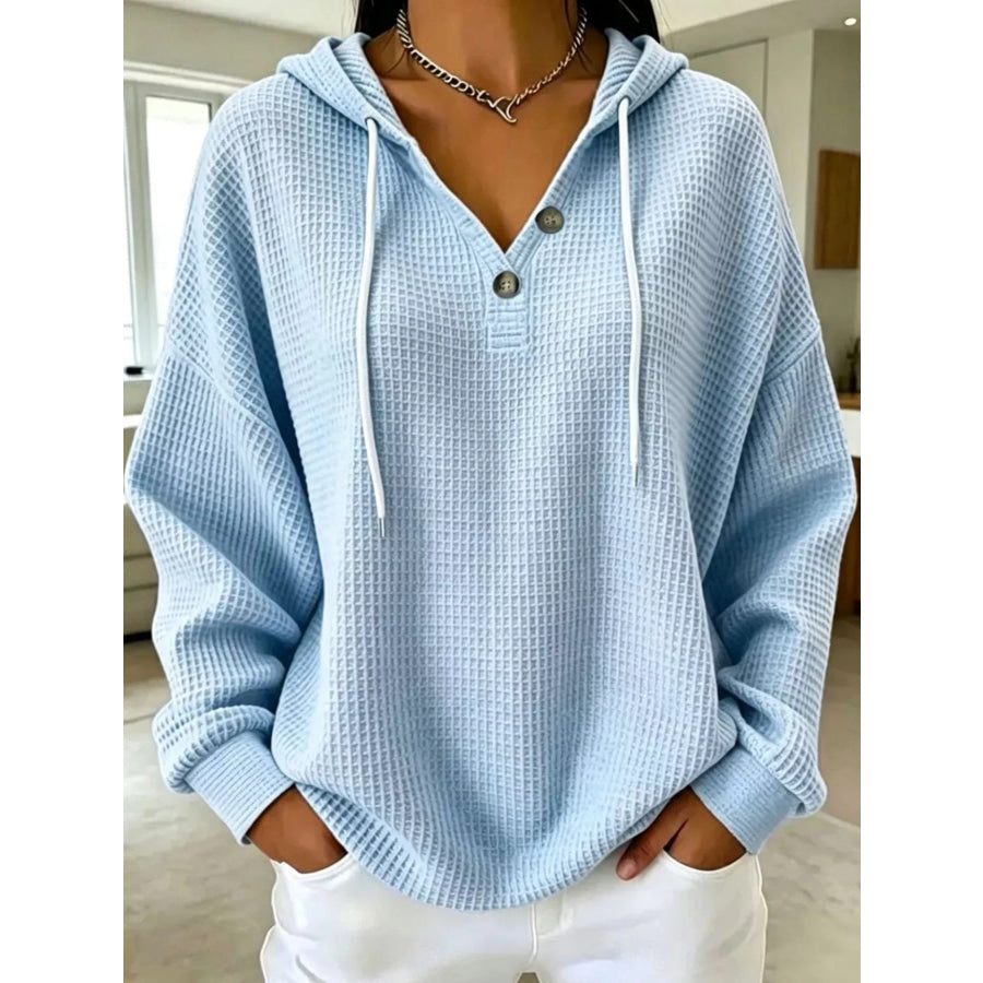 Full Size Waffle Knit Button Detail Hoodie Plus Light Blue / S Apparel and Accessories