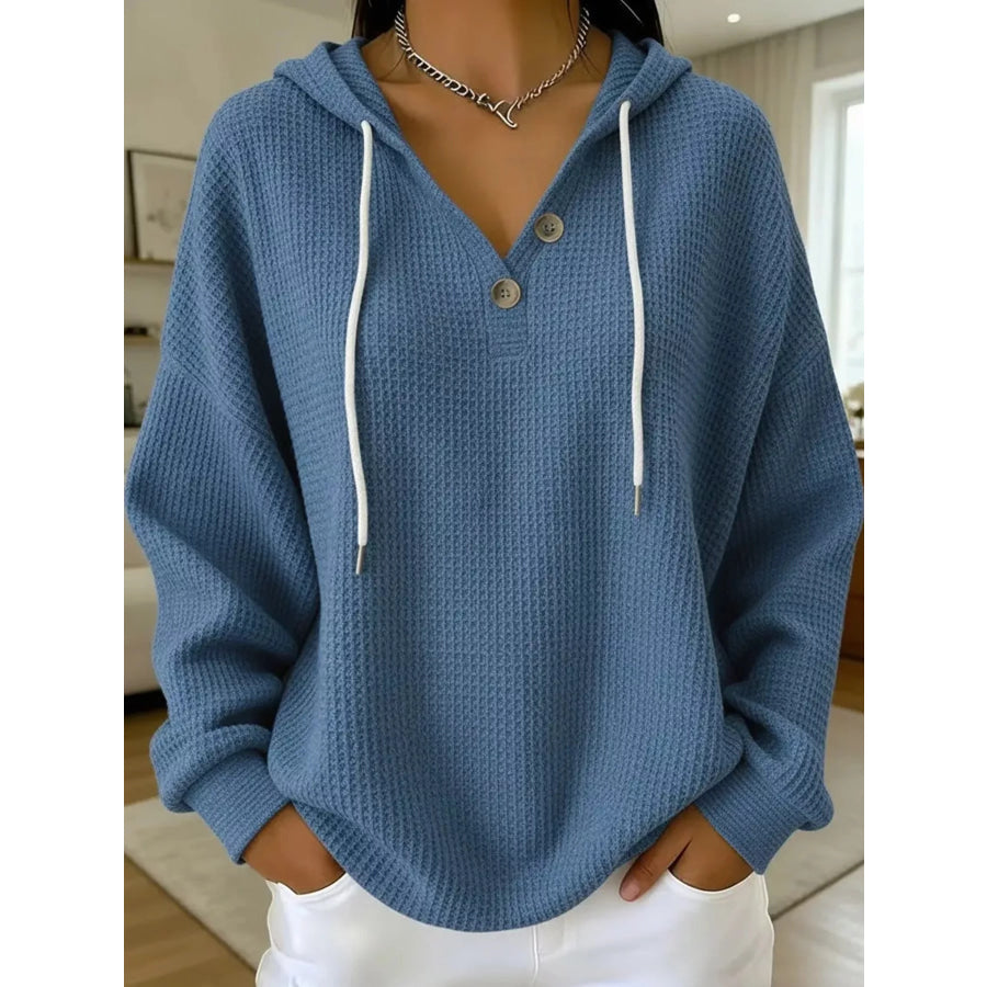 Full Size Waffle Knit Button Detail Hoodie Plus Navy Blue / S Apparel and Accessories