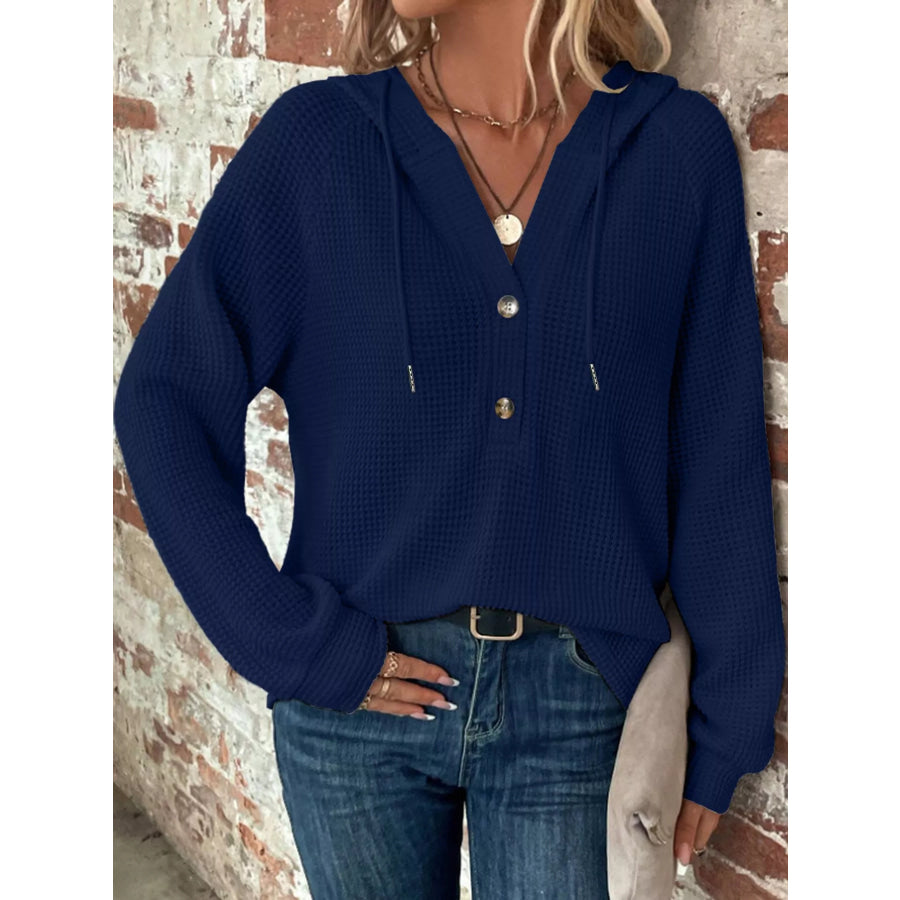 Full Size Waffle Knit Button Detail Hoodie Plus Navy Blue / S Apparel and Accessories