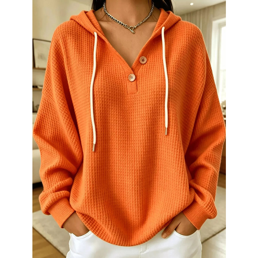 Full Size Waffle Knit Button Detail Hoodie Plus Orange / S Apparel and Accessories