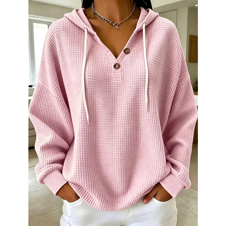 Full Size Waffle Knit Button Detail Hoodie Plus Pink / S Apparel and Accessories