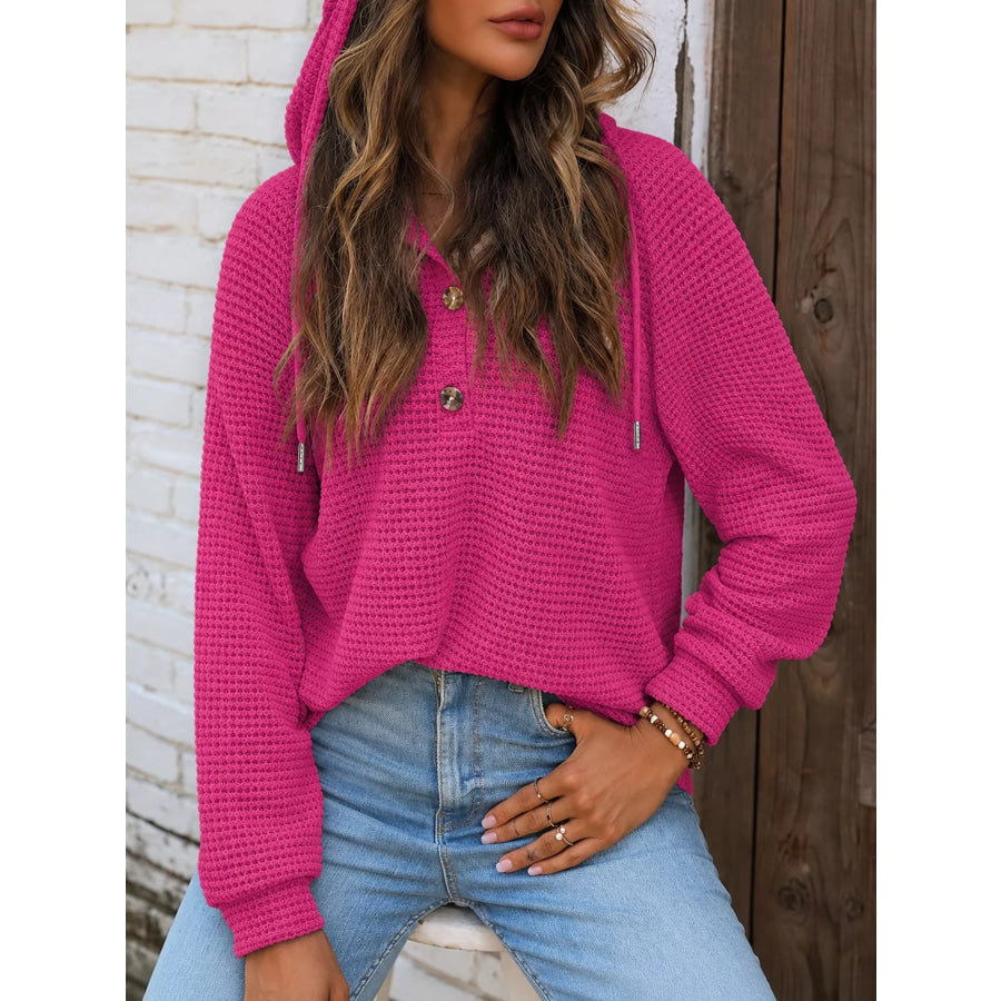 Full Size Waffle Knit Button Detail Hoodie Plus Plum Red / S Apparel and Accessories