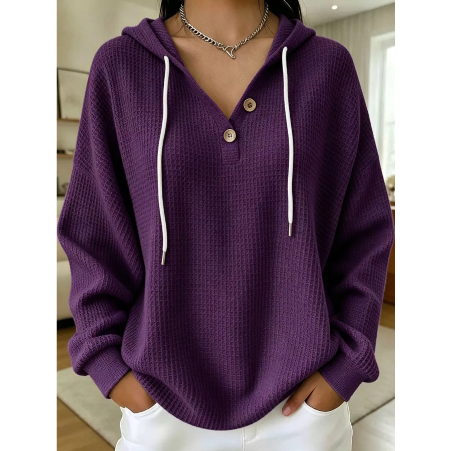 Full Size Waffle Knit Button Detail Hoodie Plus Purple / S Apparel and Accessories