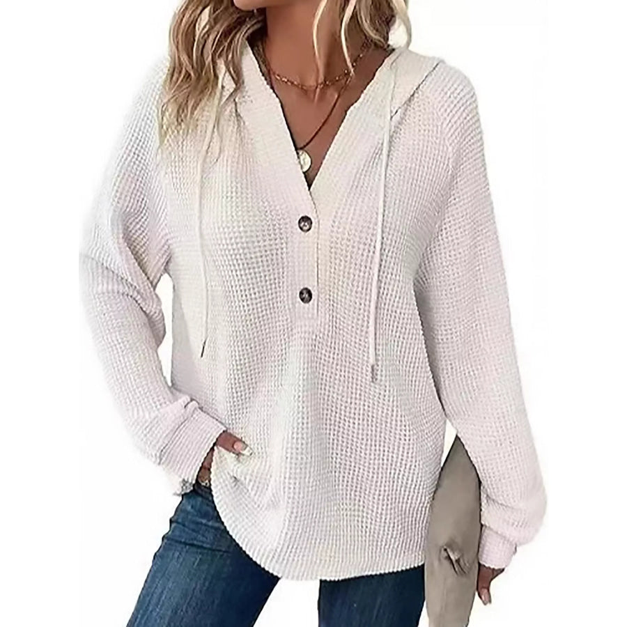 Full Size Waffle Knit Button Detail Hoodie Plus White / S Apparel and Accessories