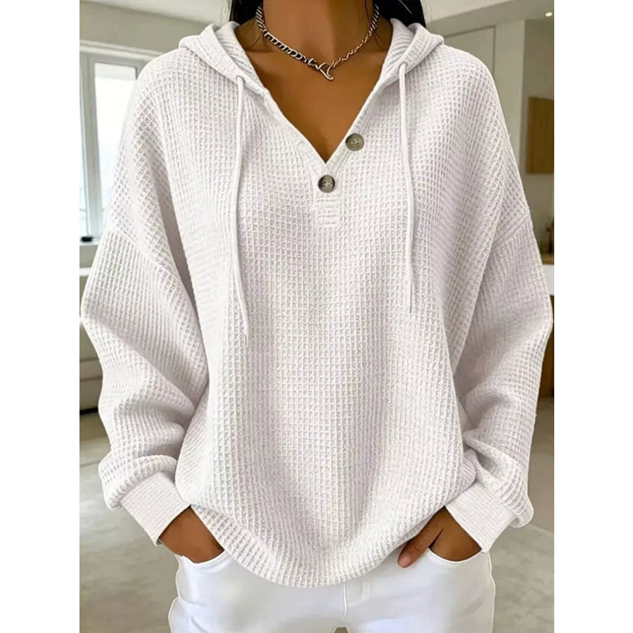 Full Size Waffle Knit Button Detail Hoodie Plus White / S Apparel and Accessories