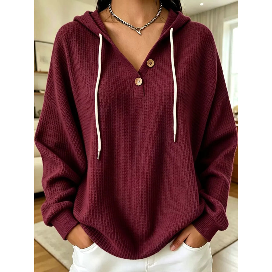 Full Size Waffle Knit Button Detail Hoodie Plus Wine Red / S Apparel and Accessories