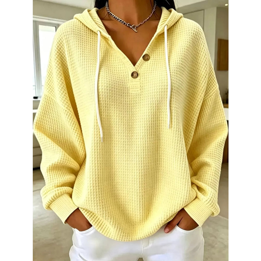 Full Size Waffle Knit Button Detail Hoodie Plus Yellow / S Apparel and Accessories