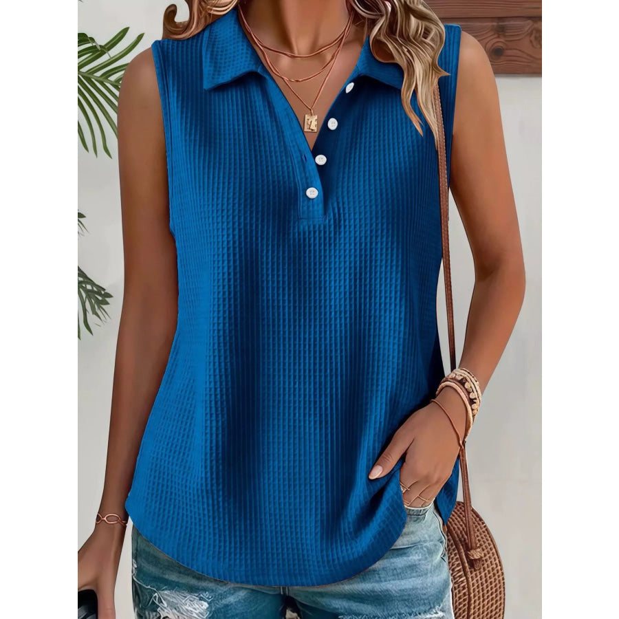 Full Size Waffle Knit Button Detail Sleeveless Top Plus Size Navy / S Apparel and Accessories