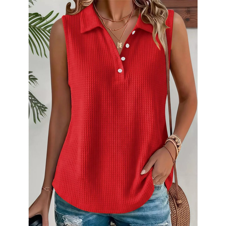 Full Size Waffle Knit Button Detail Sleeveless Top Plus Size Red / S Apparel and Accessories
