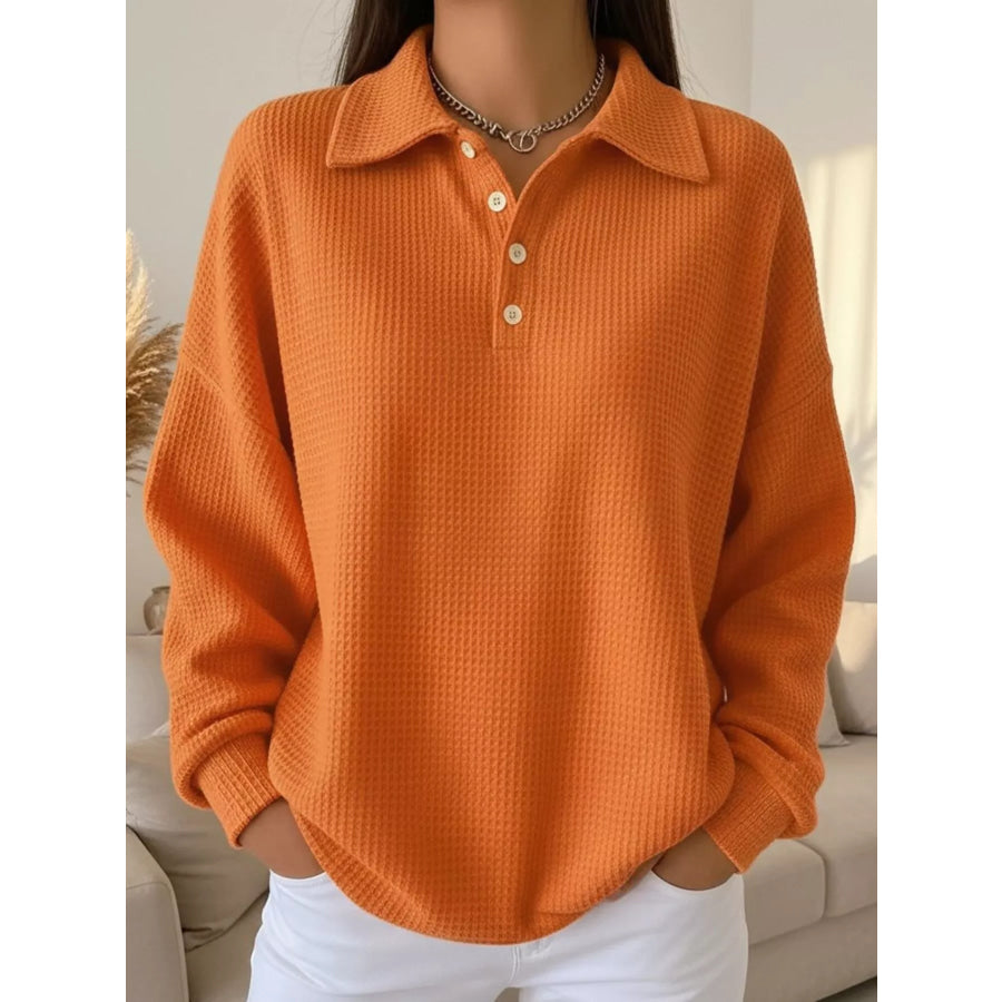 Full Size Waffle Knit Button Detail Sweatshirt Plus Size Orange / S Apparel and Accessories