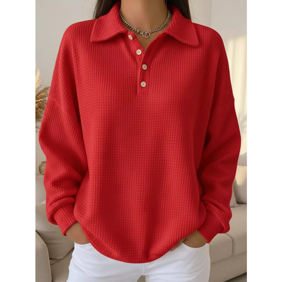 Full Size Waffle Knit Button Detail Sweatshirt Plus Size Red / S Apparel and Accessories