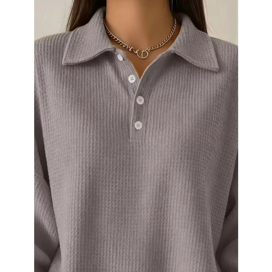 Full Size Waffle Knit Button Detail Top Plus Size Apparel and Accessories