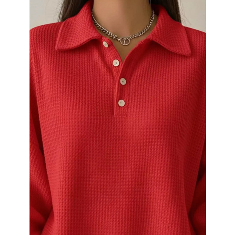 Full Size Waffle Knit Button Detail Top Plus Size Apparel and Accessories