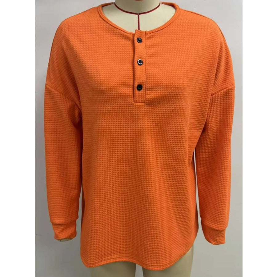 Full Size Waffle Knit Button Detail Top Plus Size Apparel and Accessories