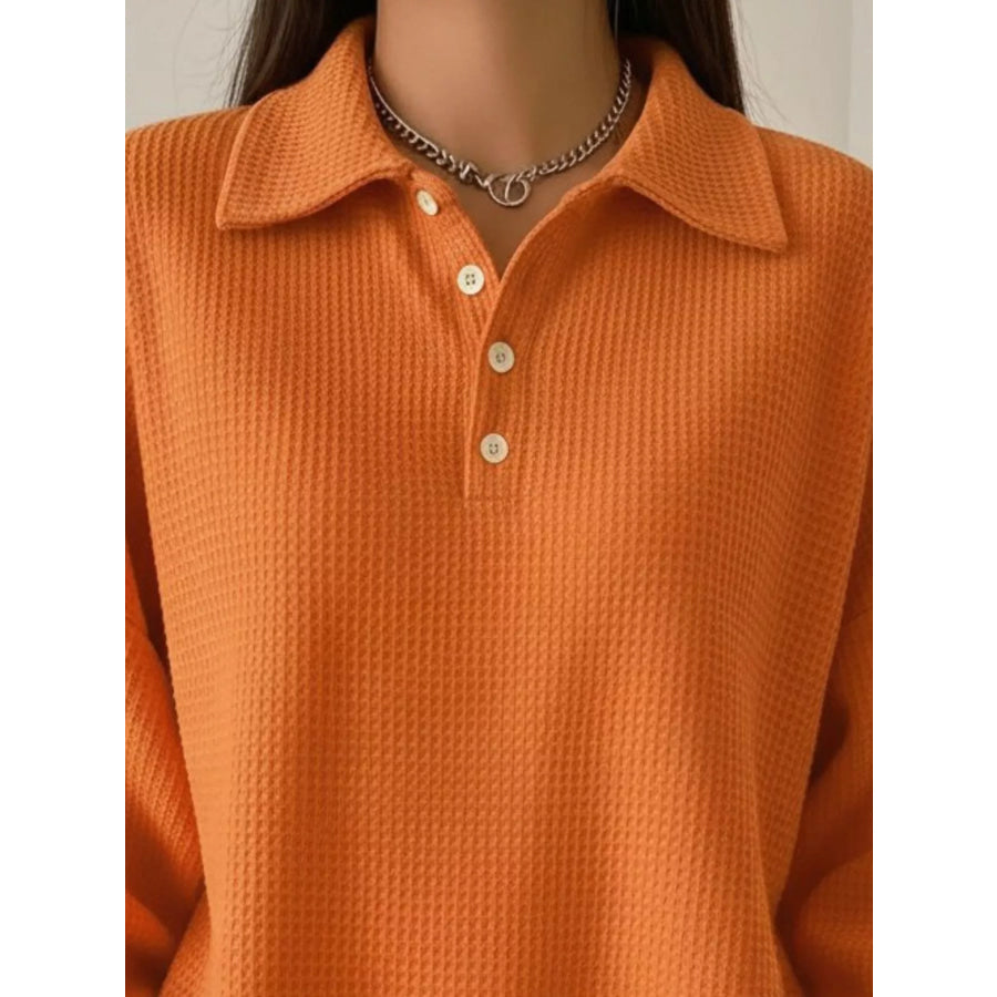Full Size Waffle Knit Button Detail Top Plus Size Apparel and Accessories