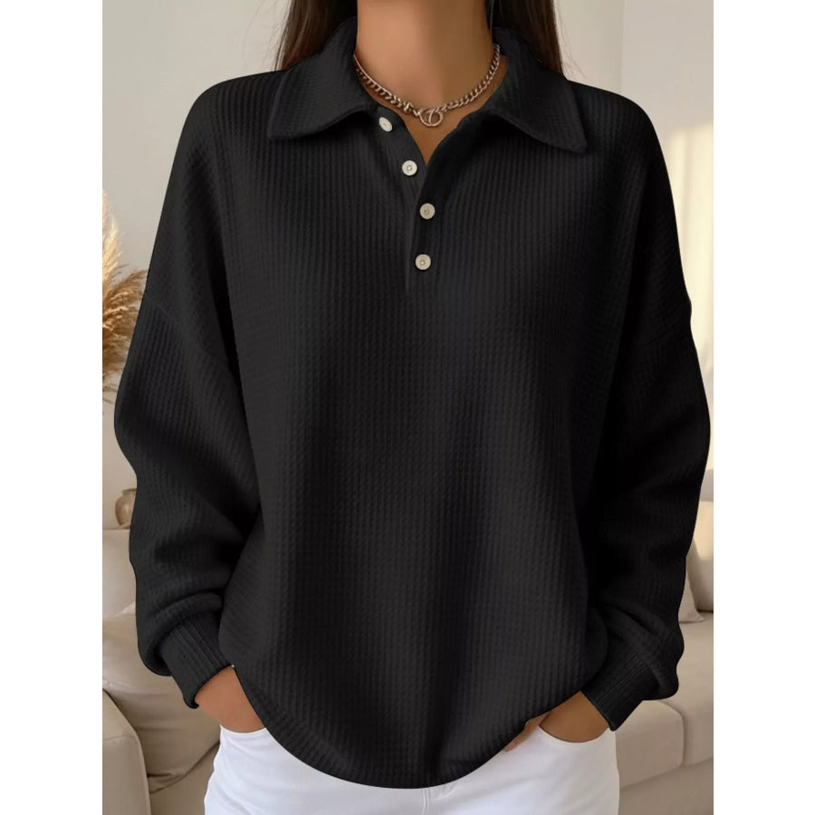 Full Size Waffle Knit Button Detail Top Plus Size Black / S Apparel and Accessories