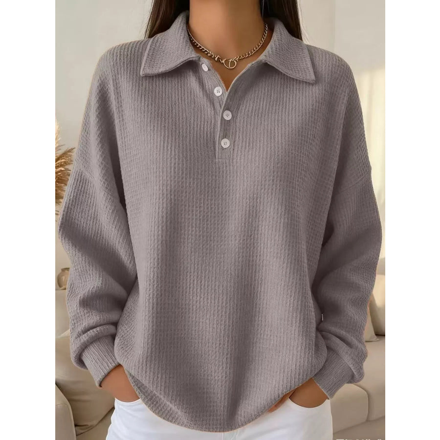 Full Size Waffle Knit Button Detail Top Plus Size Grey / S Apparel and Accessories