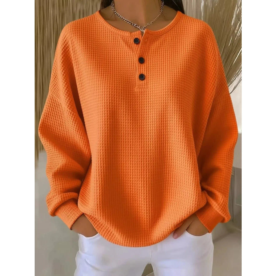 Full Size Waffle Knit Button Detail Top Plus Size Orange / S Apparel and Accessories