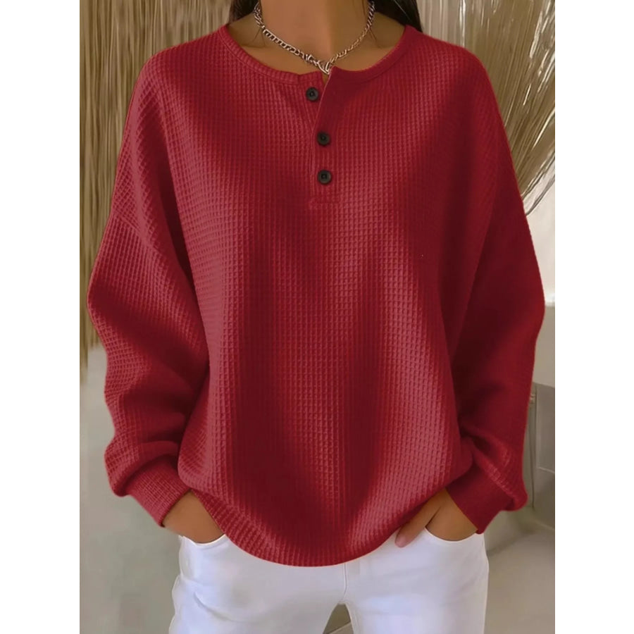 Full Size Waffle Knit Button Detail Top Plus Size Red / S Apparel and Accessories
