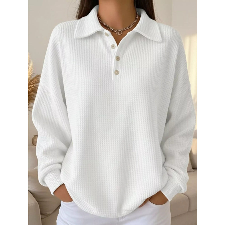 Full Size Waffle Knit Button Detail Top Plus Size White / S Apparel and Accessories
