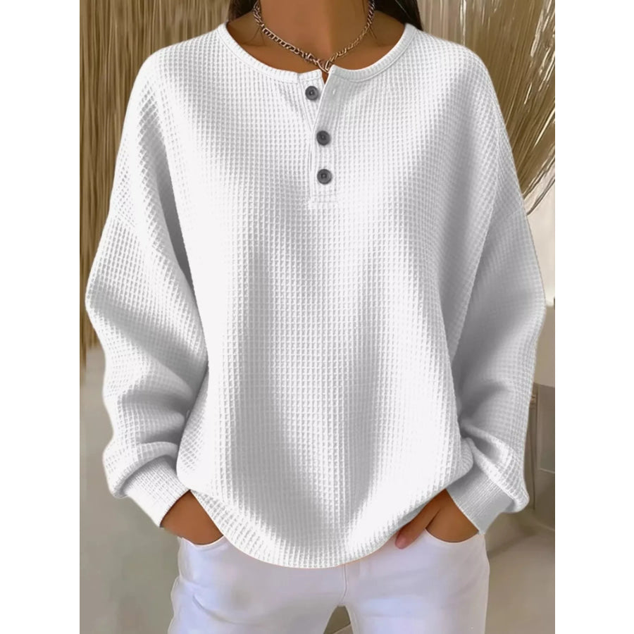 Full Size Waffle Knit Button Detail Top Plus Size White / S Apparel and Accessories