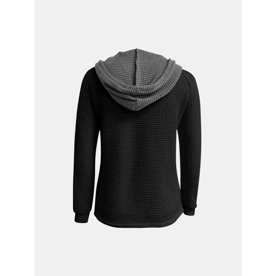 Full Size Waffle-Knit Contrast Long Sleeve Hoodie Apparel and Accessories