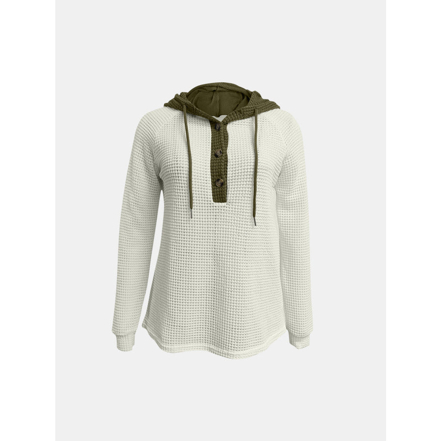 Full Size Waffle-Knit Contrast Long Sleeve Hoodie Ivory / S Apparel and Accessories