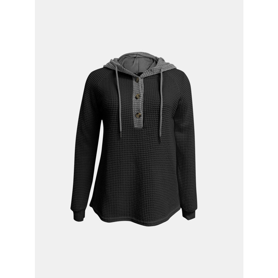 Full Size Waffle-Knit Contrast Long Sleeve Hoodie Apparel and Accessories