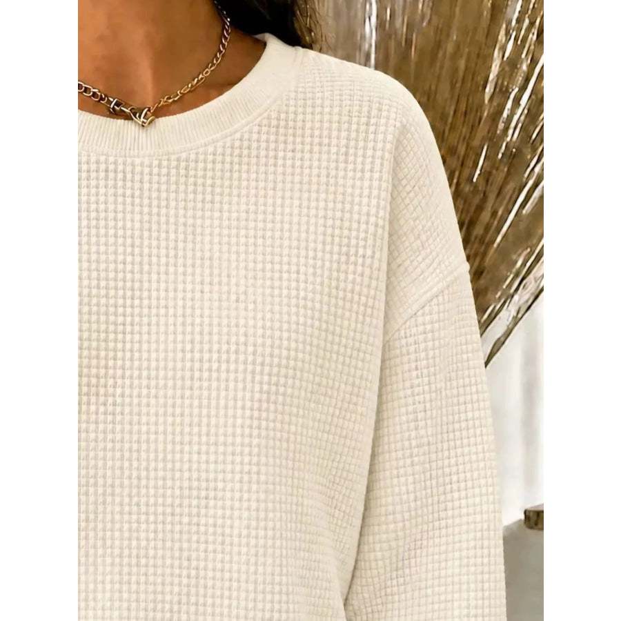 Full Size Waffle Knit Crewneck Sweatshirt Plus Apparel and Accessories