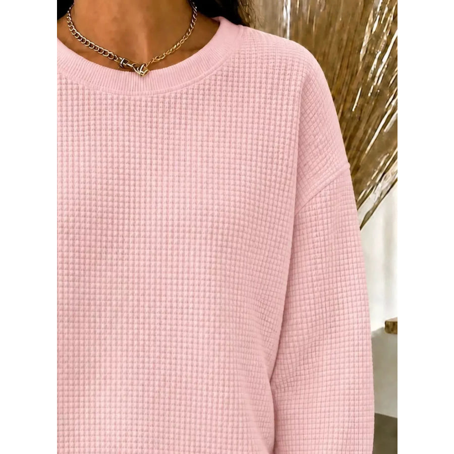 Full Size Waffle Knit Crewneck Sweatshirt Plus Apparel and Accessories