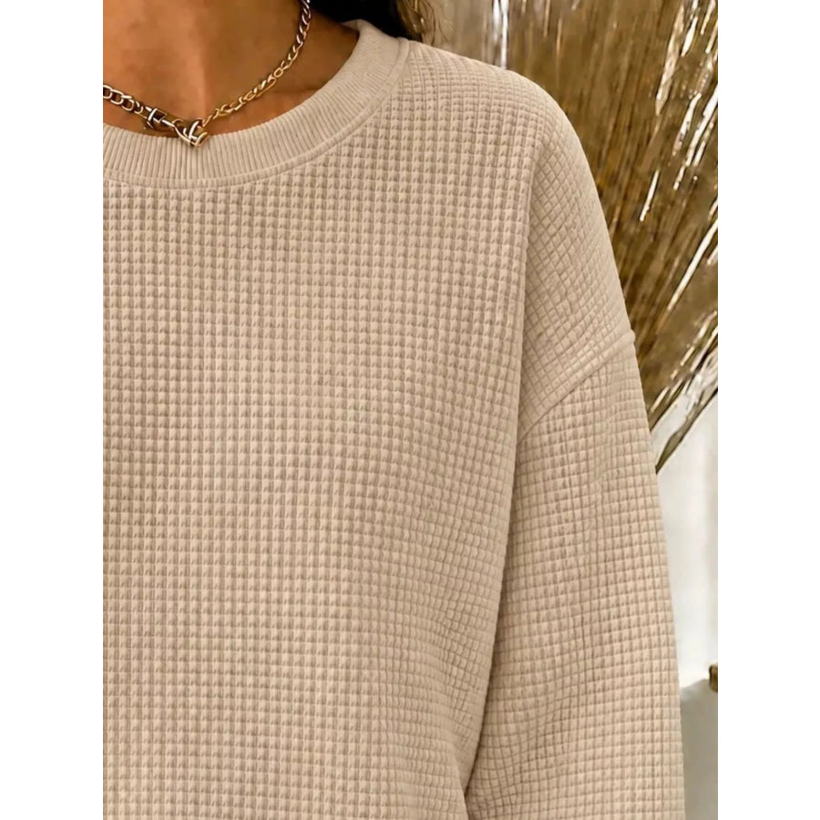 Full Size Waffle Knit Crewneck Sweatshirt Plus Apparel and Accessories