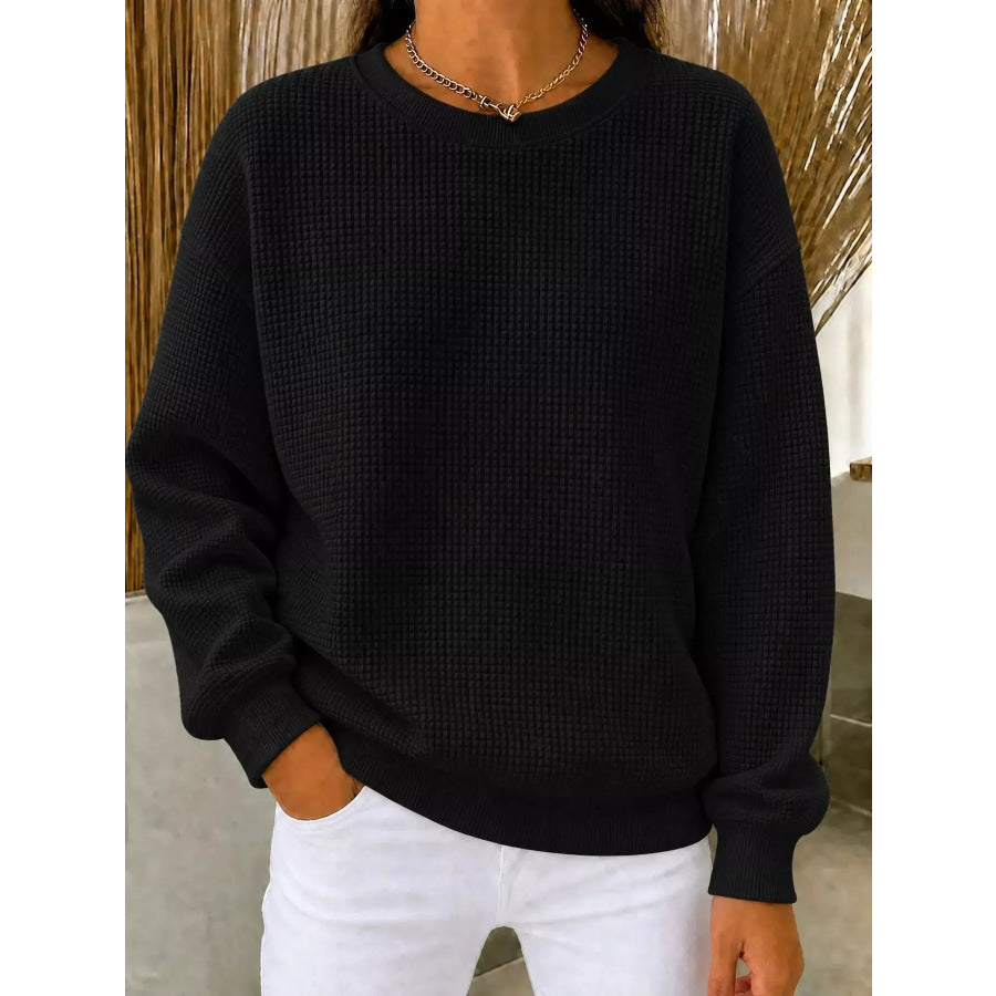 Full Size Waffle Knit Crewneck Sweatshirt Plus Black / XS Apparel and Accessories