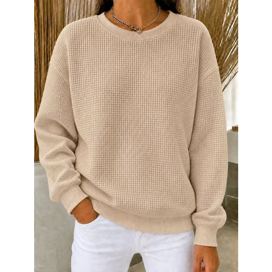 Full Size Waffle Knit Crewneck Sweatshirt Plus Khaki / XS Apparel and Accessories