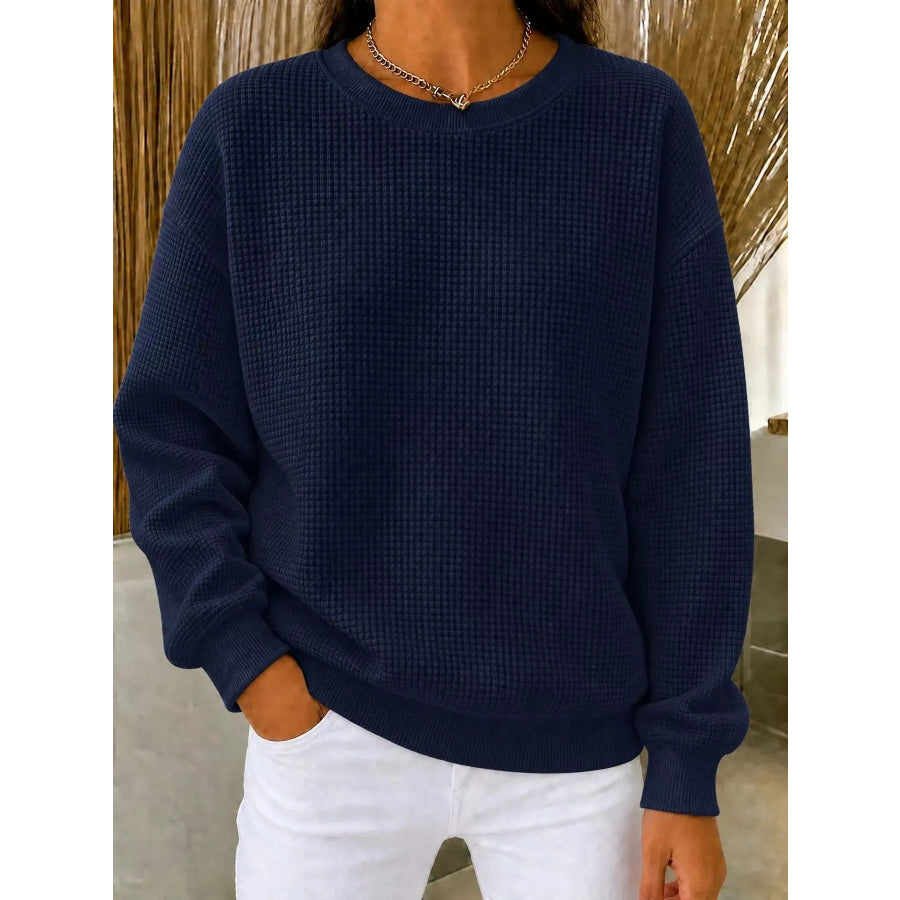 Full Size Waffle Knit Crewneck Sweatshirt Plus Navy / XS Apparel and Accessories